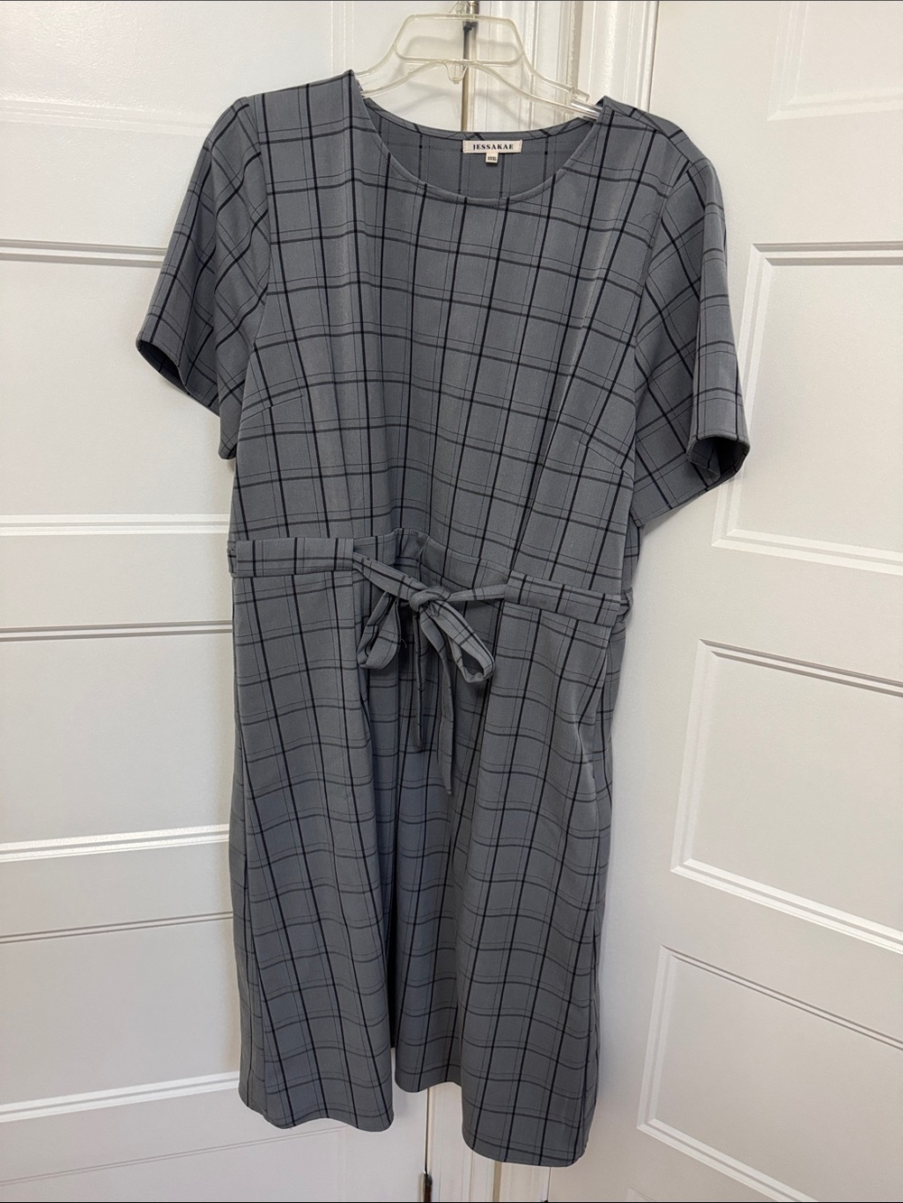 JessaKae Grey Plaid Tie-Waist Midi Dress